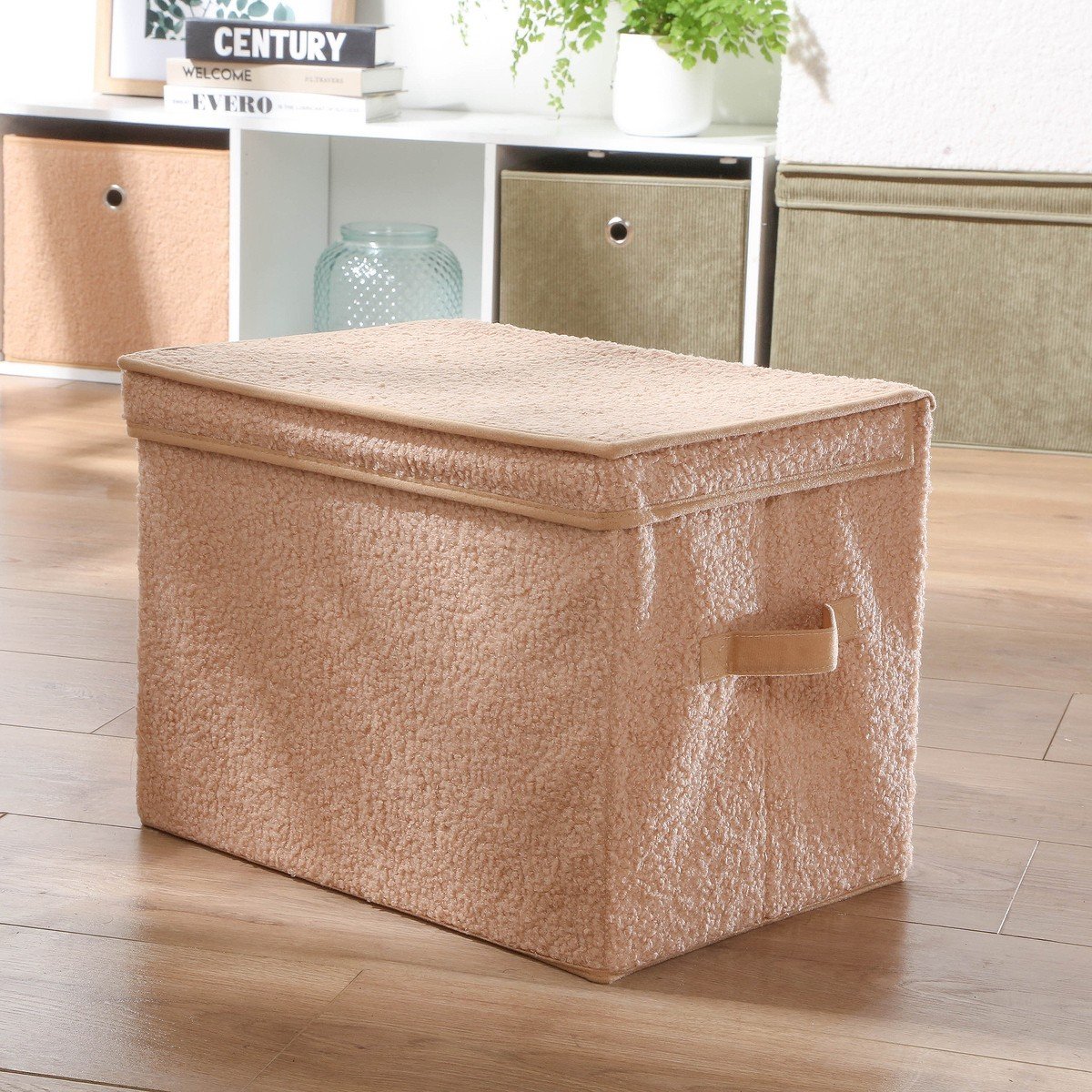 Boîte rangement haute avec couvercle tissu bouclette beige - H30 cm beige, CALICOSY