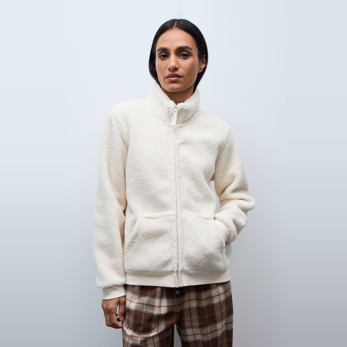 Veste zippée col montant en sherpa enduit, MONOPRIX
