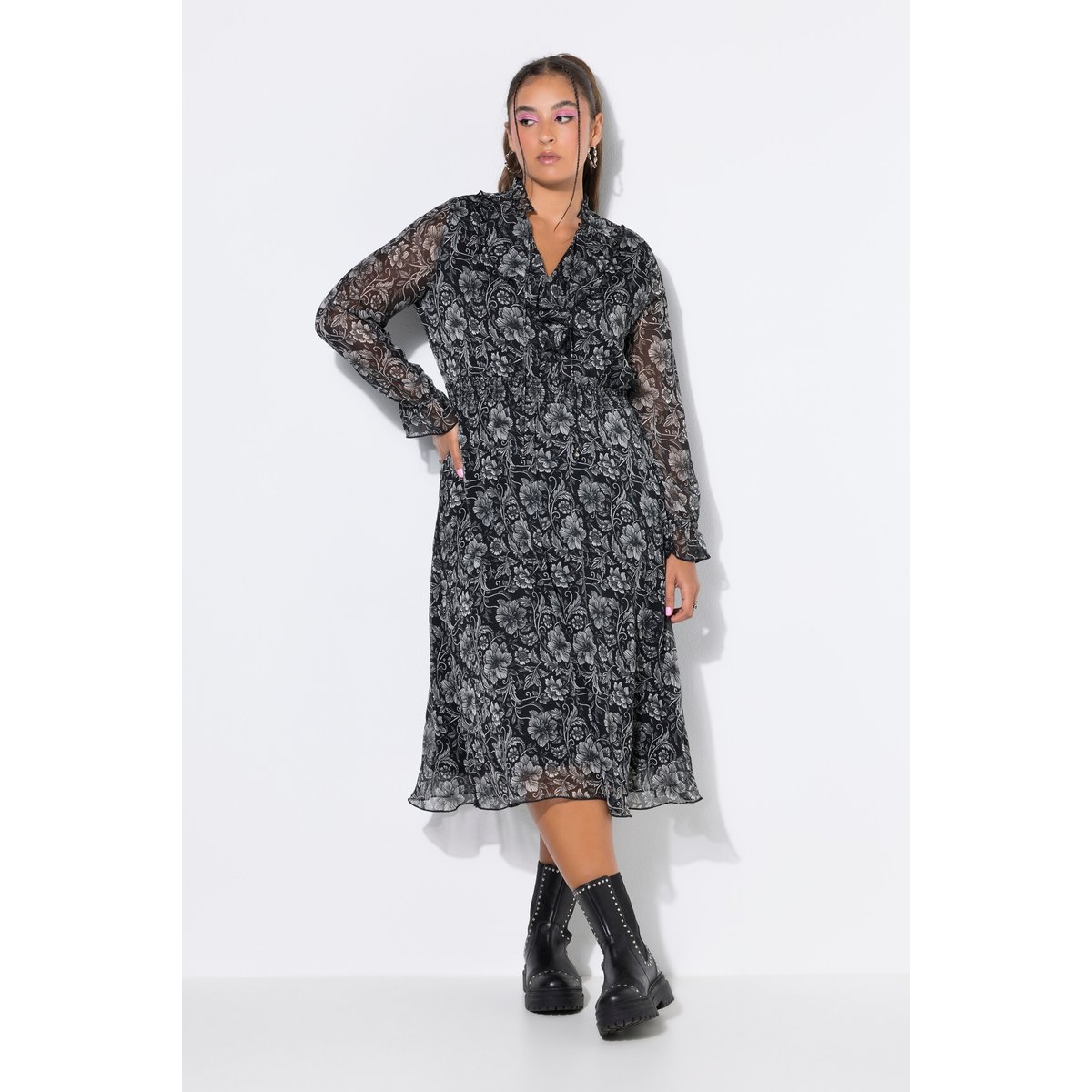 Robe midi, coupe trapèze, mousseline noir, STUDIO UNTOLD