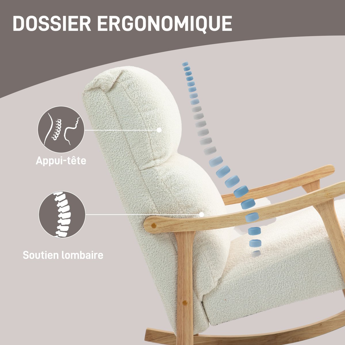Fauteuil à bascule Tissu en velours teddy crème, HOMCOM