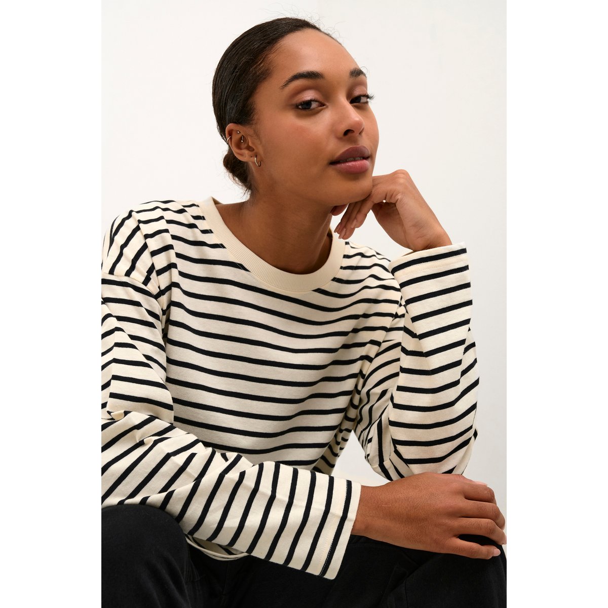 T-shirt à manches longues blanc antique white black stripe, KAFFE