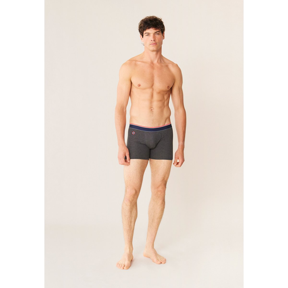 Boxer long à motif rayure coq bleu acier en coton Michel gris anthracite, LE SLIP FRANCAIS