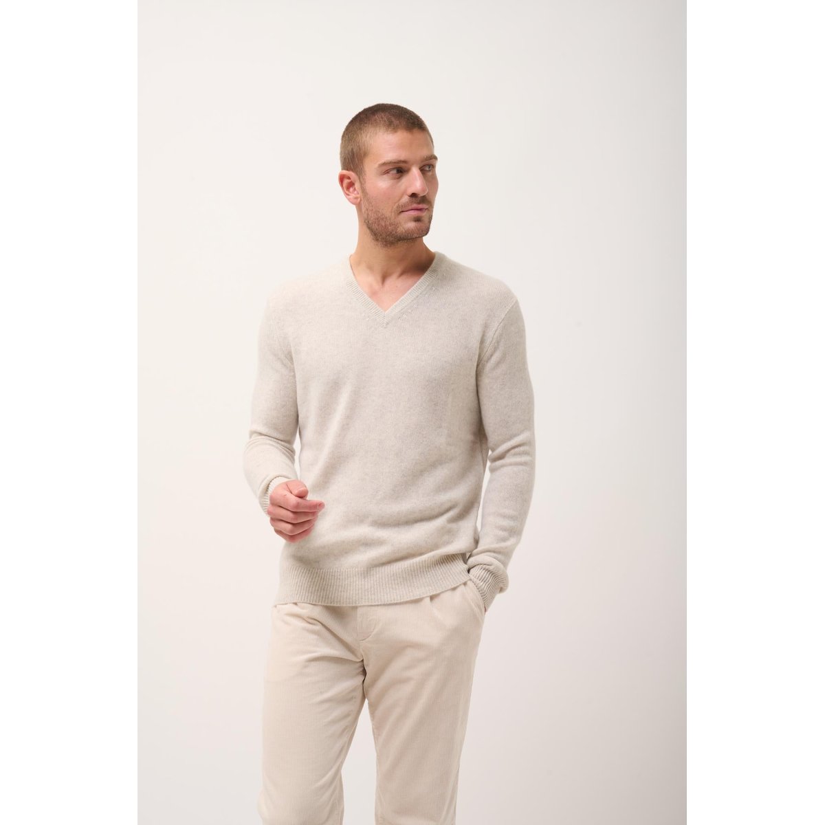 Pull Col V 4 Fils Gris Perle Chiné Nathan gris clair, JUST CASHMERE