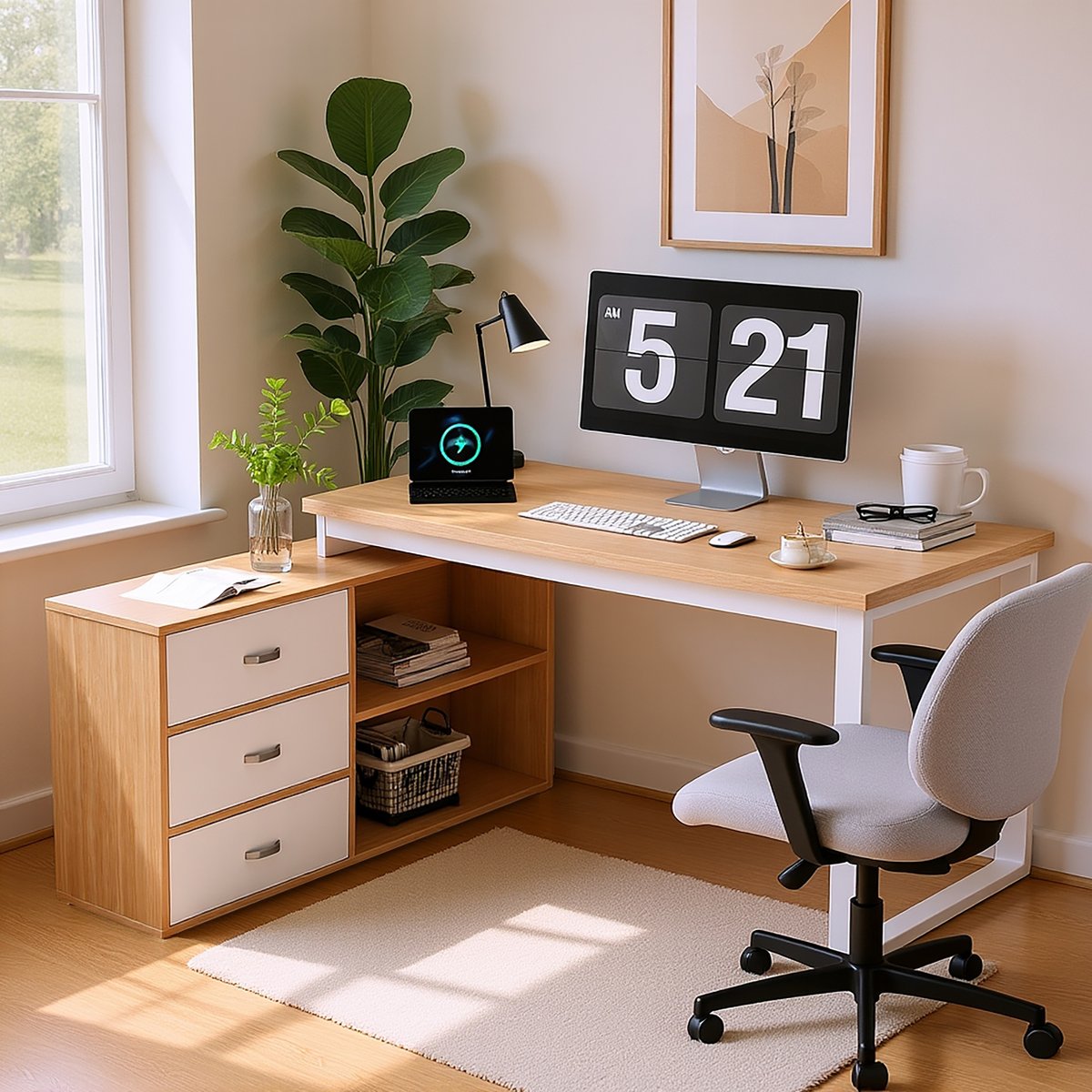 Bureau multifonction L-type avec 3 tiroirs et 2 niches style industriel, DOBBY hêtre, MEUBLES COSY
