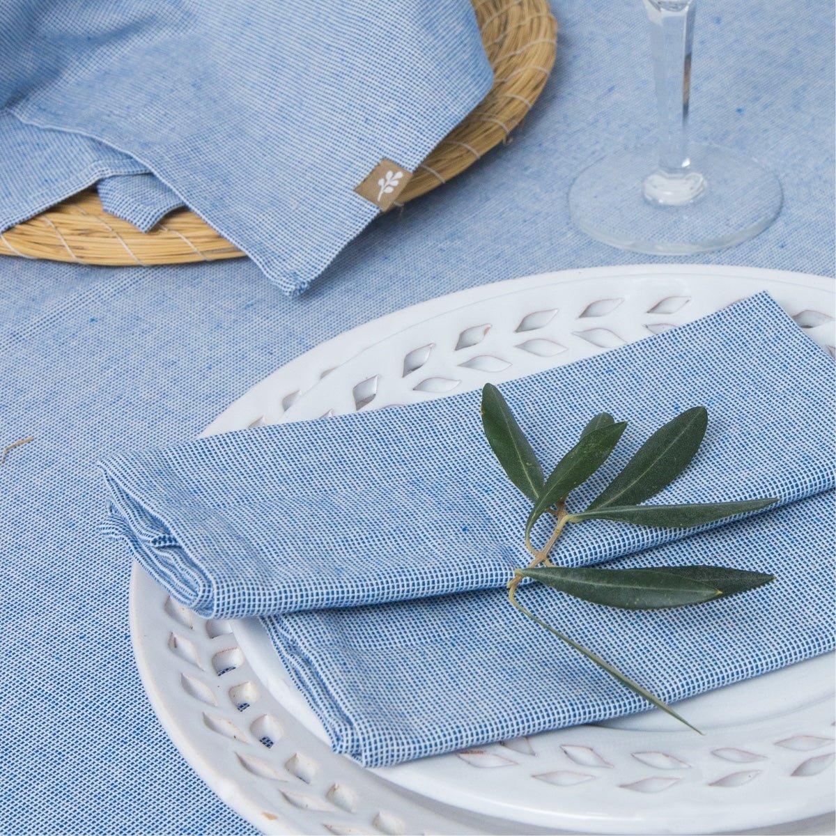 Nappe + 8 serviettes coton COLETTE bleu grec, FEBRONIE