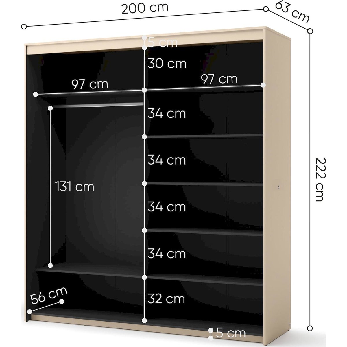 Armoire coulissante à miroir et éclairage LED noir, RECOLLECTION