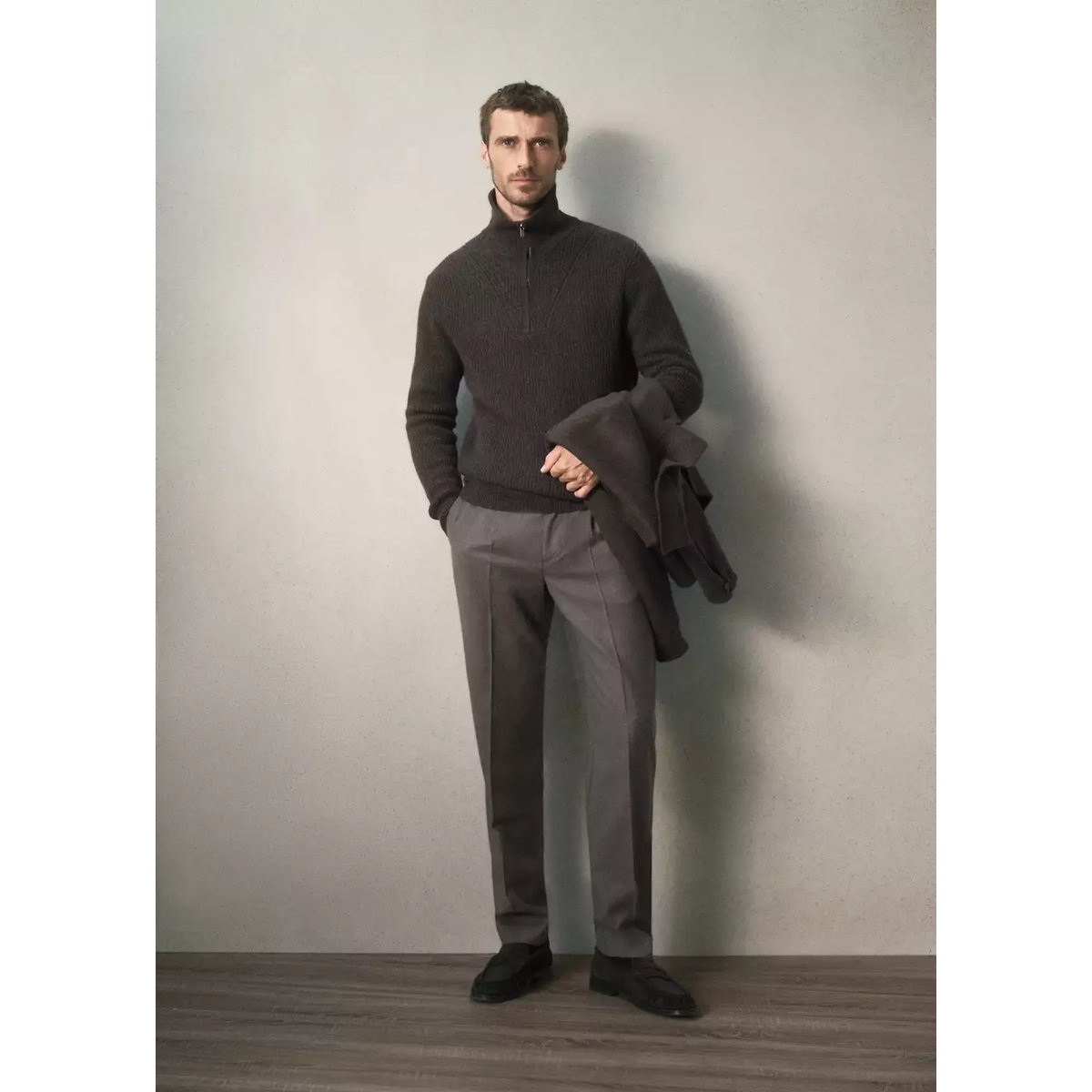 Pull polo en laine à col zippé chocolat, MANGO MAN