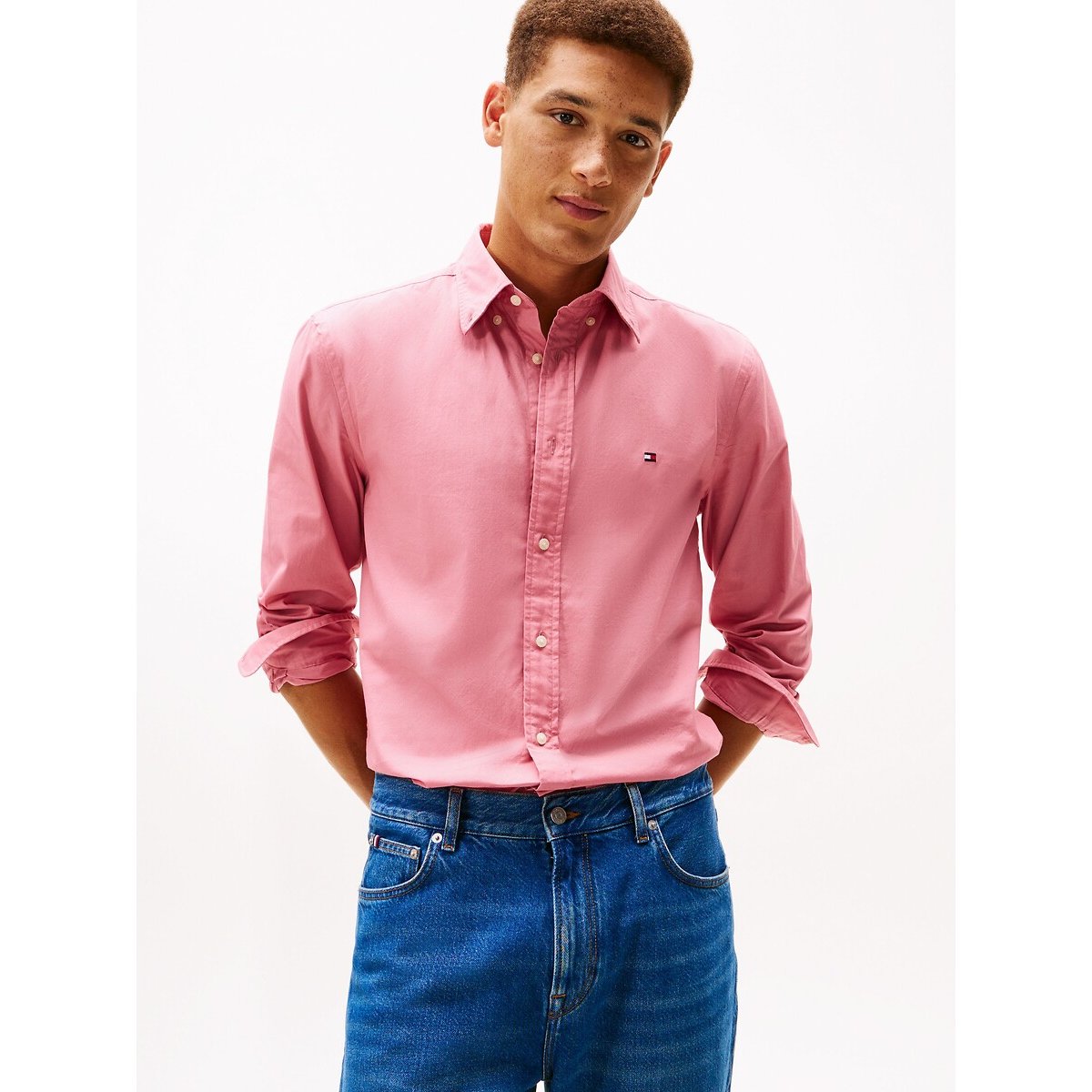Chemise coupe standard TH Flex en popeline rose blush, TOMMY HILFIGER