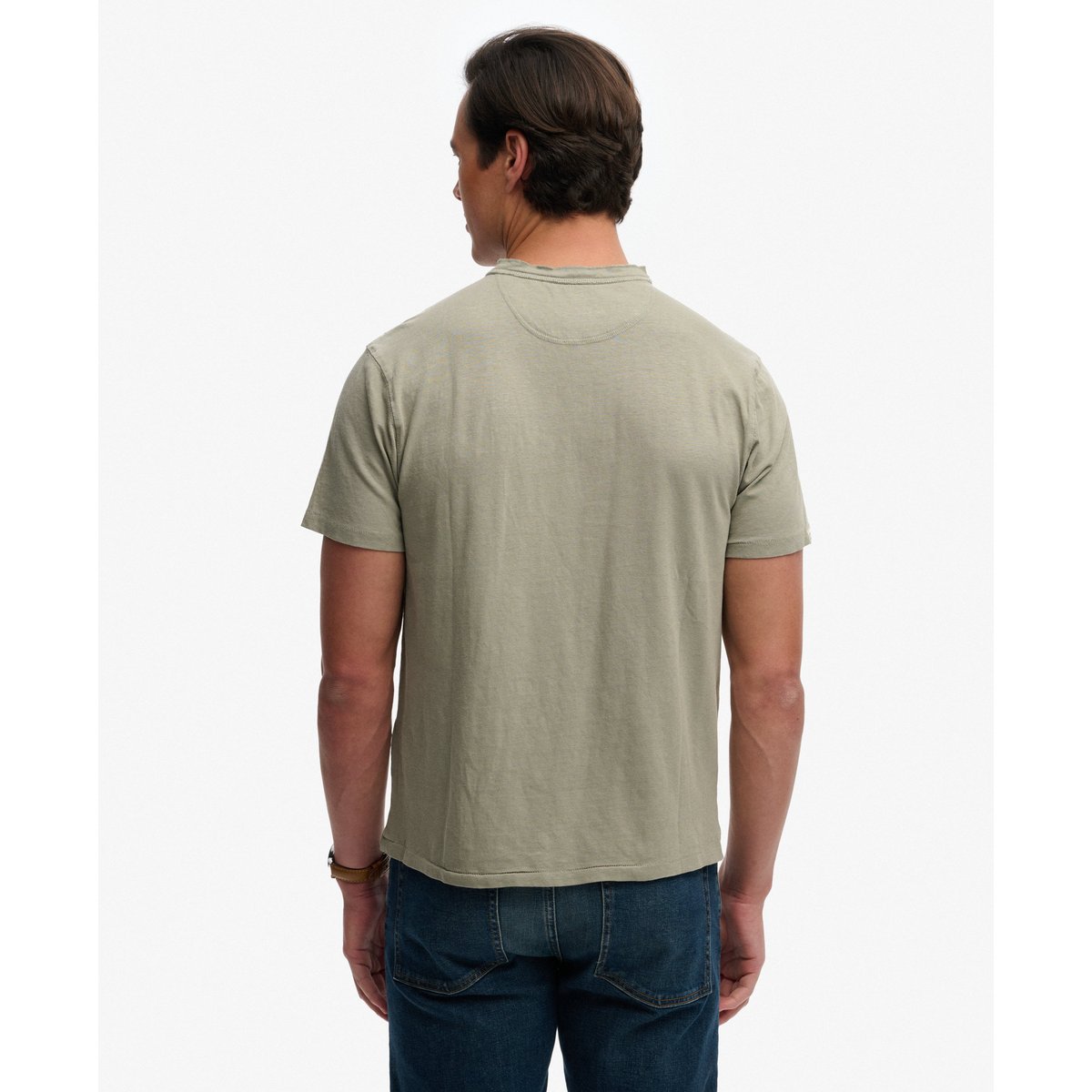T-shirt Henley à manches courtes en coton et lin kaki clair, SUPERDRY