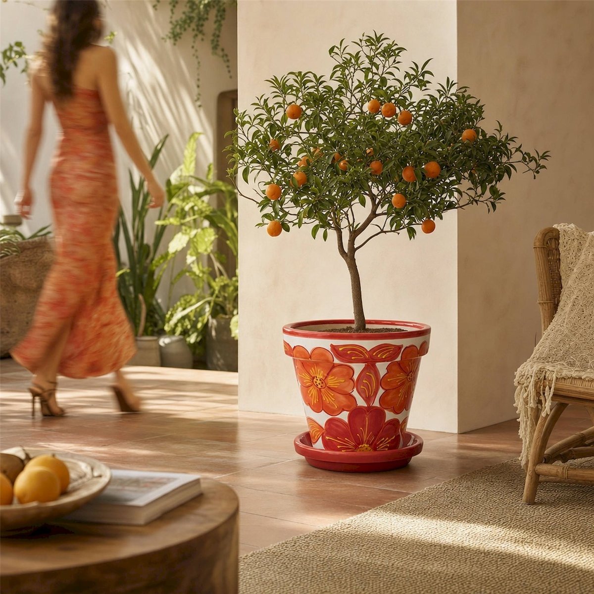 Cache-pot en céramique à motif floral orange et blanc, RECOLLECTION