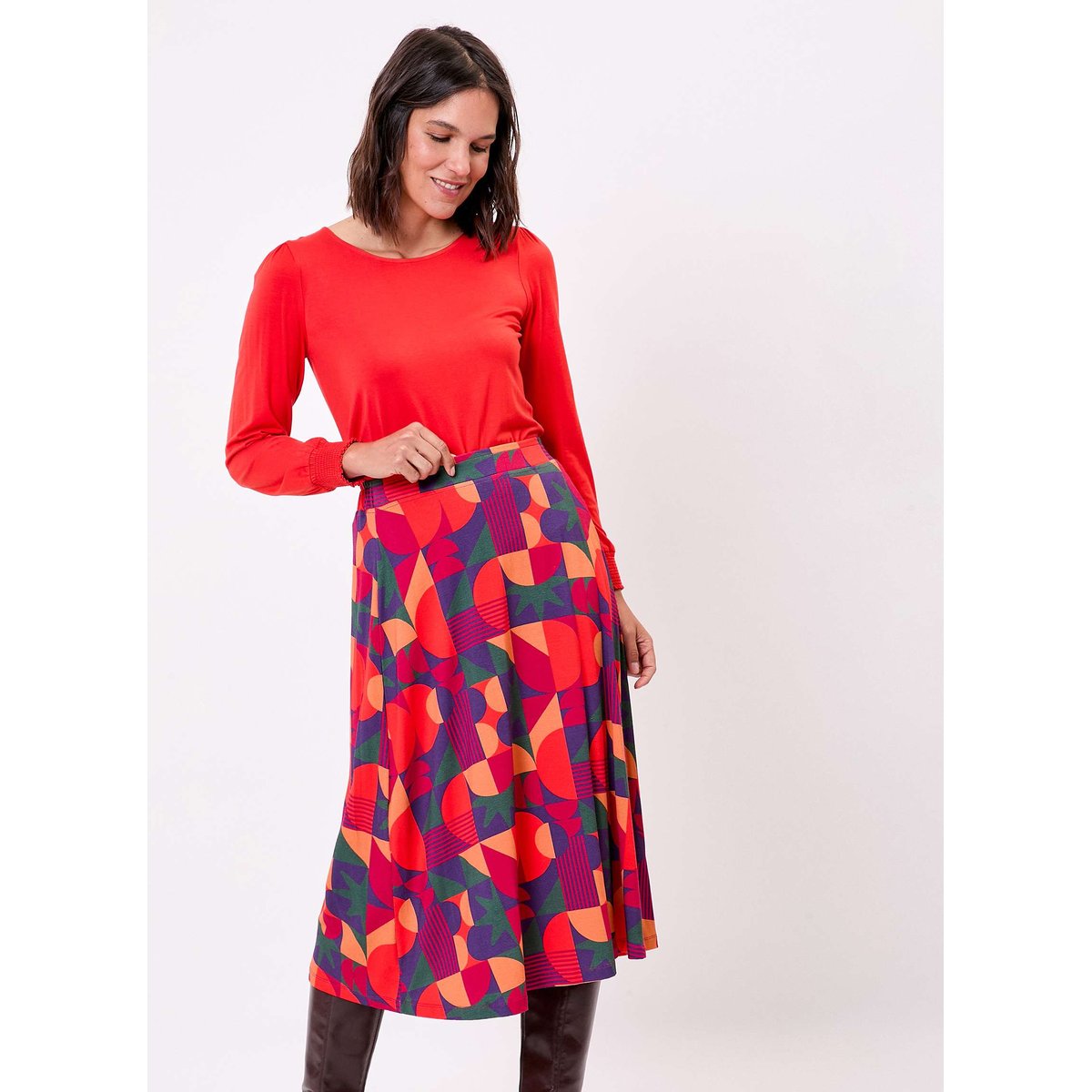 Jupe midi imprimée maille fluide évasée ELINA rouge violet caldera, PRINCESSE NOMADE