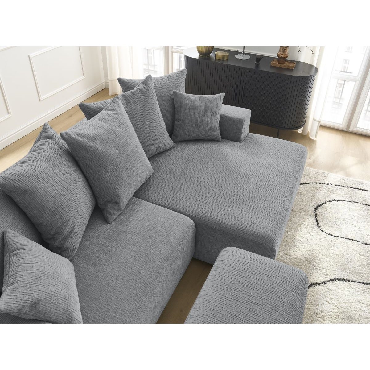 Canapé d'angle convertible 5 places en tissu texturé avec pouf, ATILLA gris foncé, BOBOCHIC