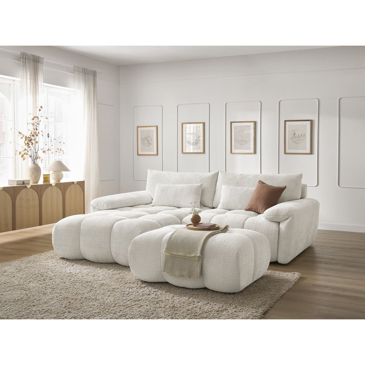 Canapé d'angle fixe 4 places en tissu texturé, IVANE blanc, BOBOCHIC