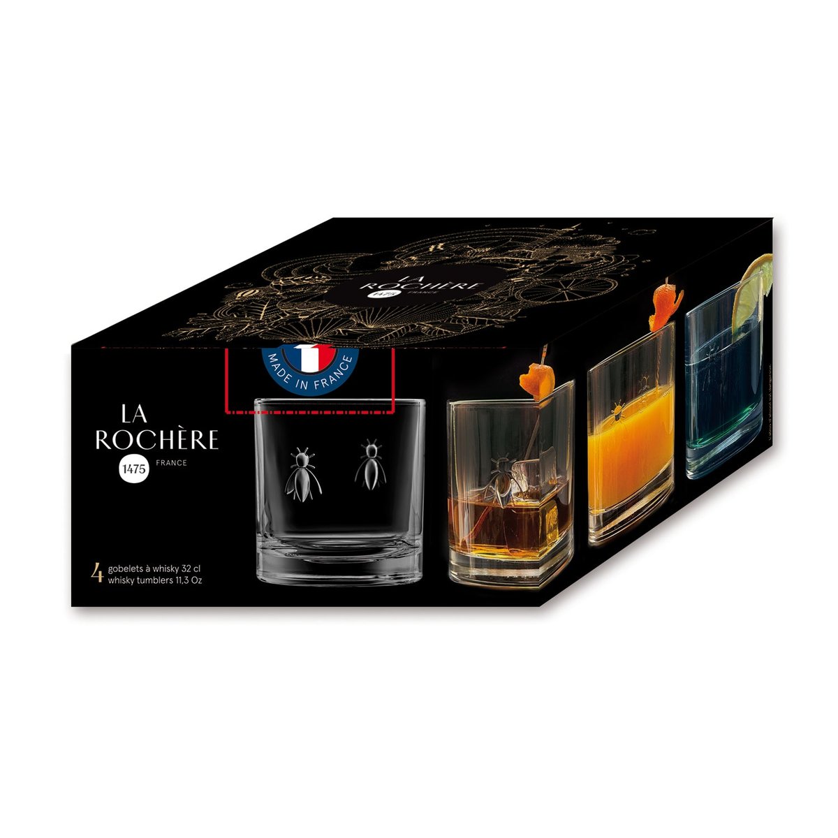 Lot de 4 verres à whisky, ABEILLE transparent, LA ROCHERE
