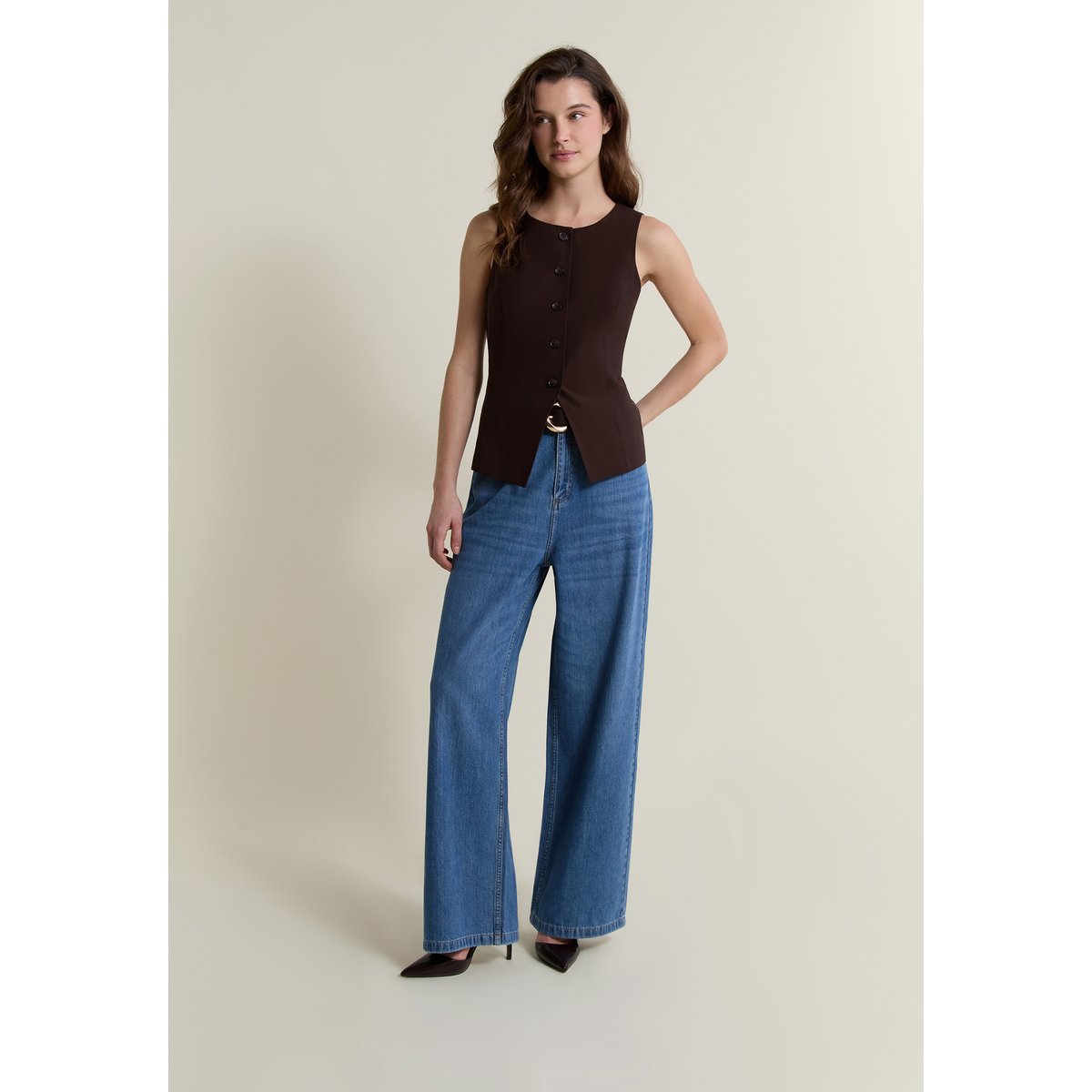 Top sans manches avec boutons HEALING marron, ETAM