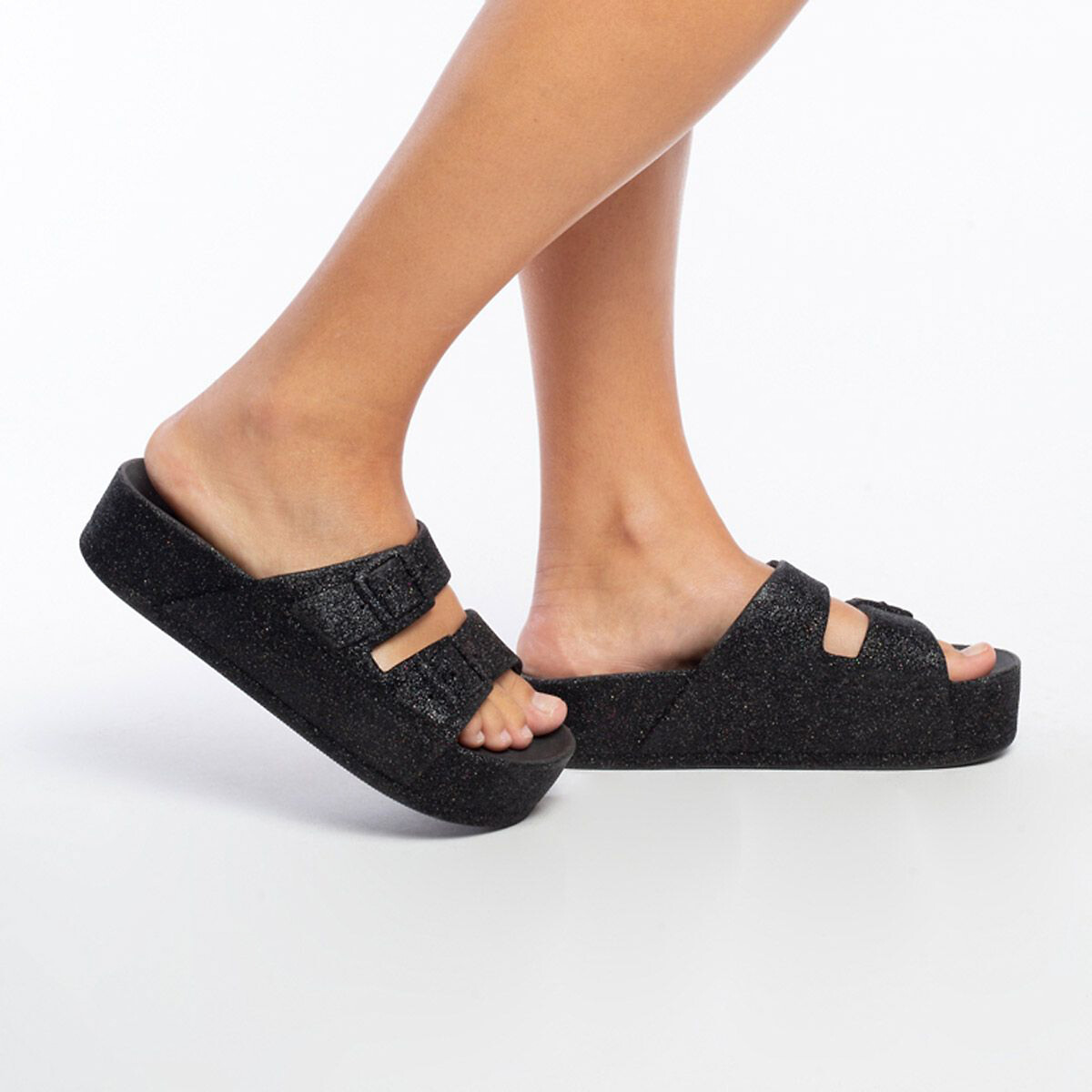 Mules compensées doubles brides Caipirinha noir pailleté, CACATOES