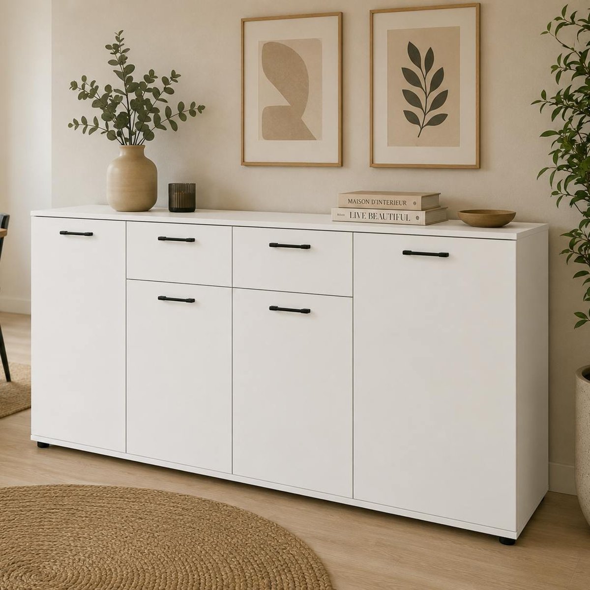 Buffet 4 portes et 2 tiroirs faible encombrement ALVA blanc, PIER IMPORT