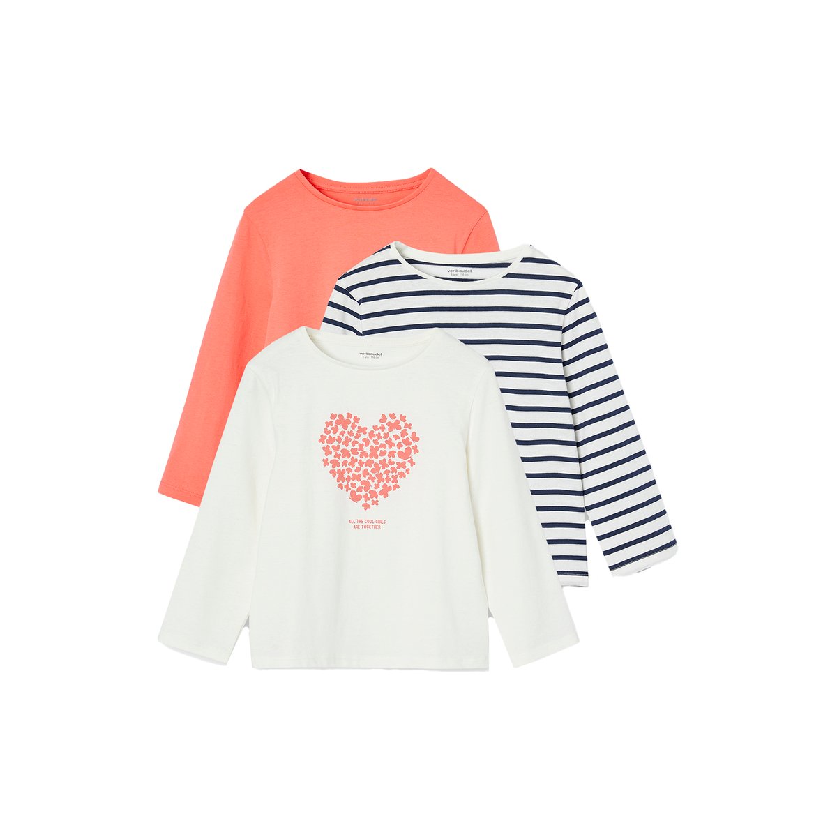Lot de 3 t-shirts fantaisie manches longues corail, VERTBAUDET