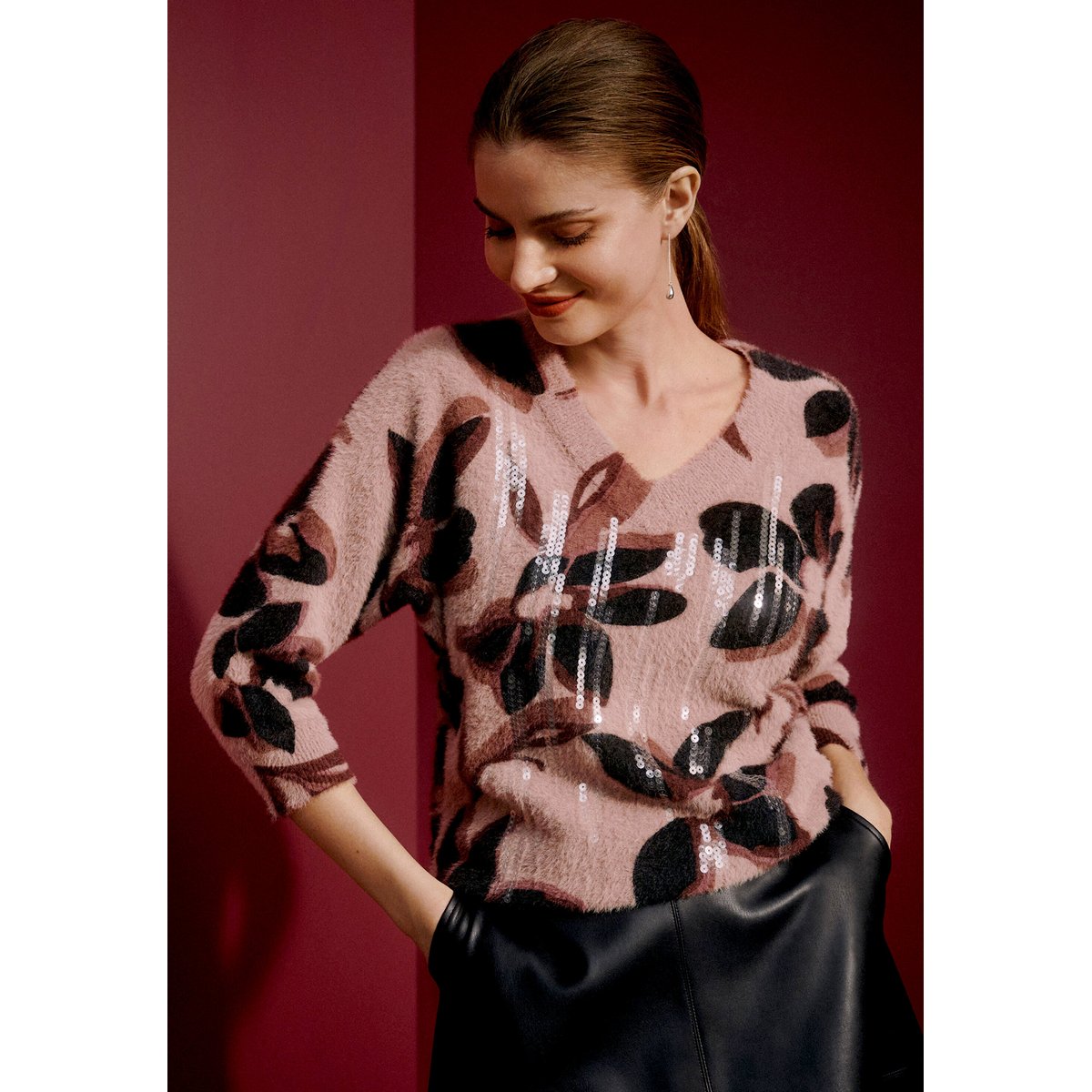 Pull-over en maille à manches 3/4 rosé/black, BETTY BARCLAY