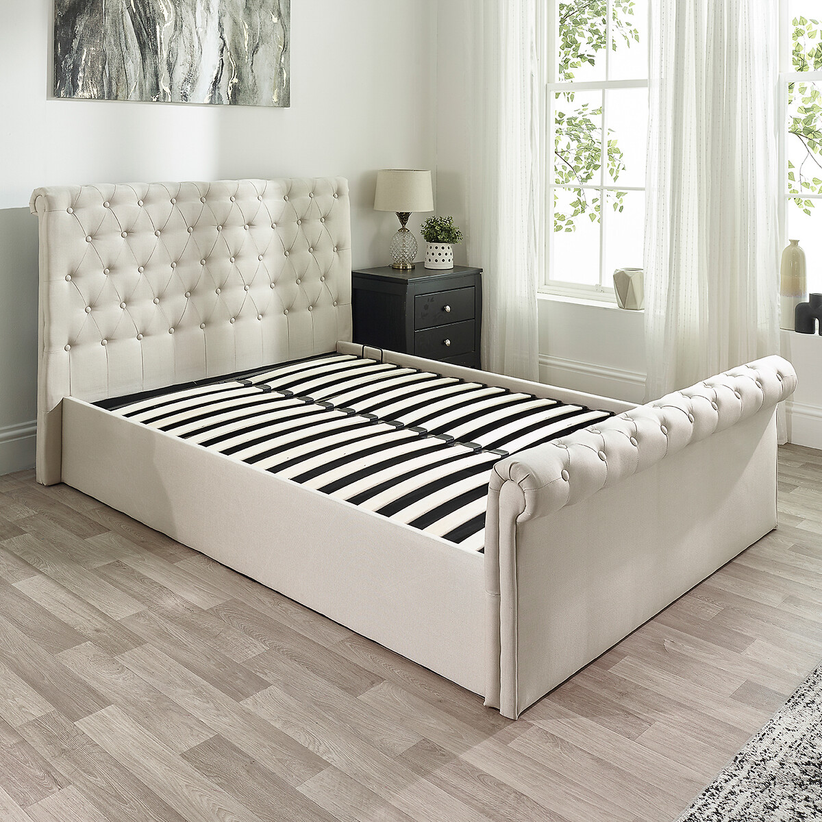 Chesterfield Linen Storage Ottoman Bed with Scroll Top natural, ASPIRE