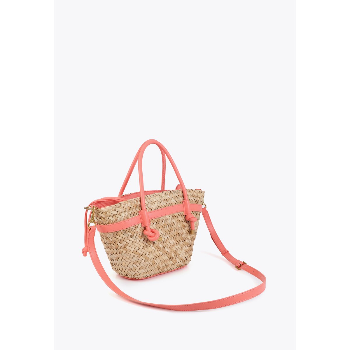 Mini panier tressé avec poignées et détails effet cuir rose, LOLA CASADEMUNT