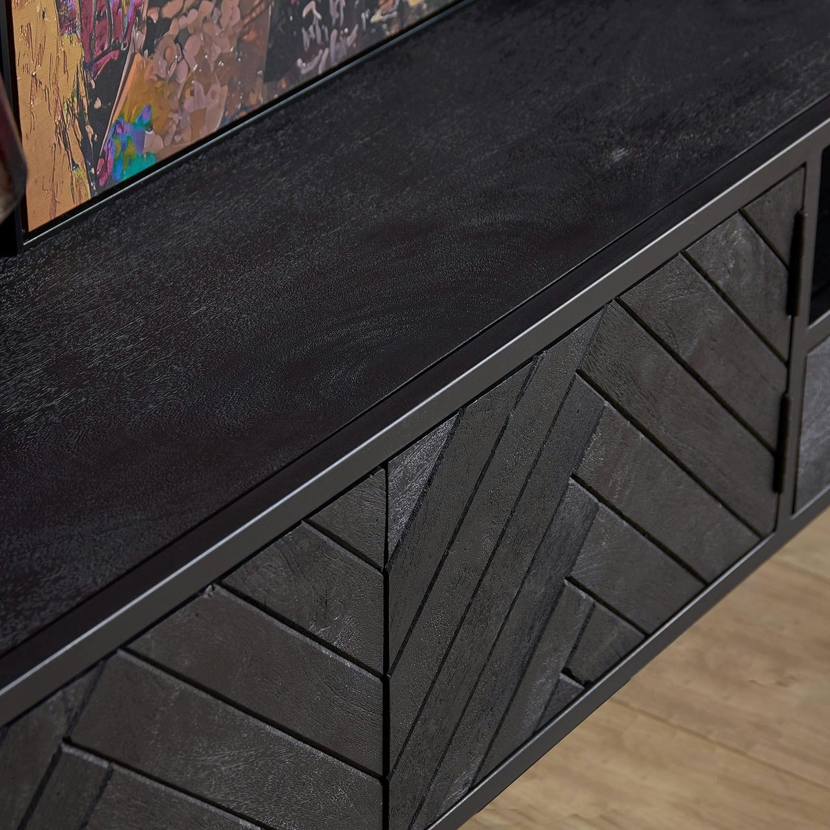 Meuble TV noir suspendu en bois avec rangement 280 cm ALVERA noir, PIER IMPORT