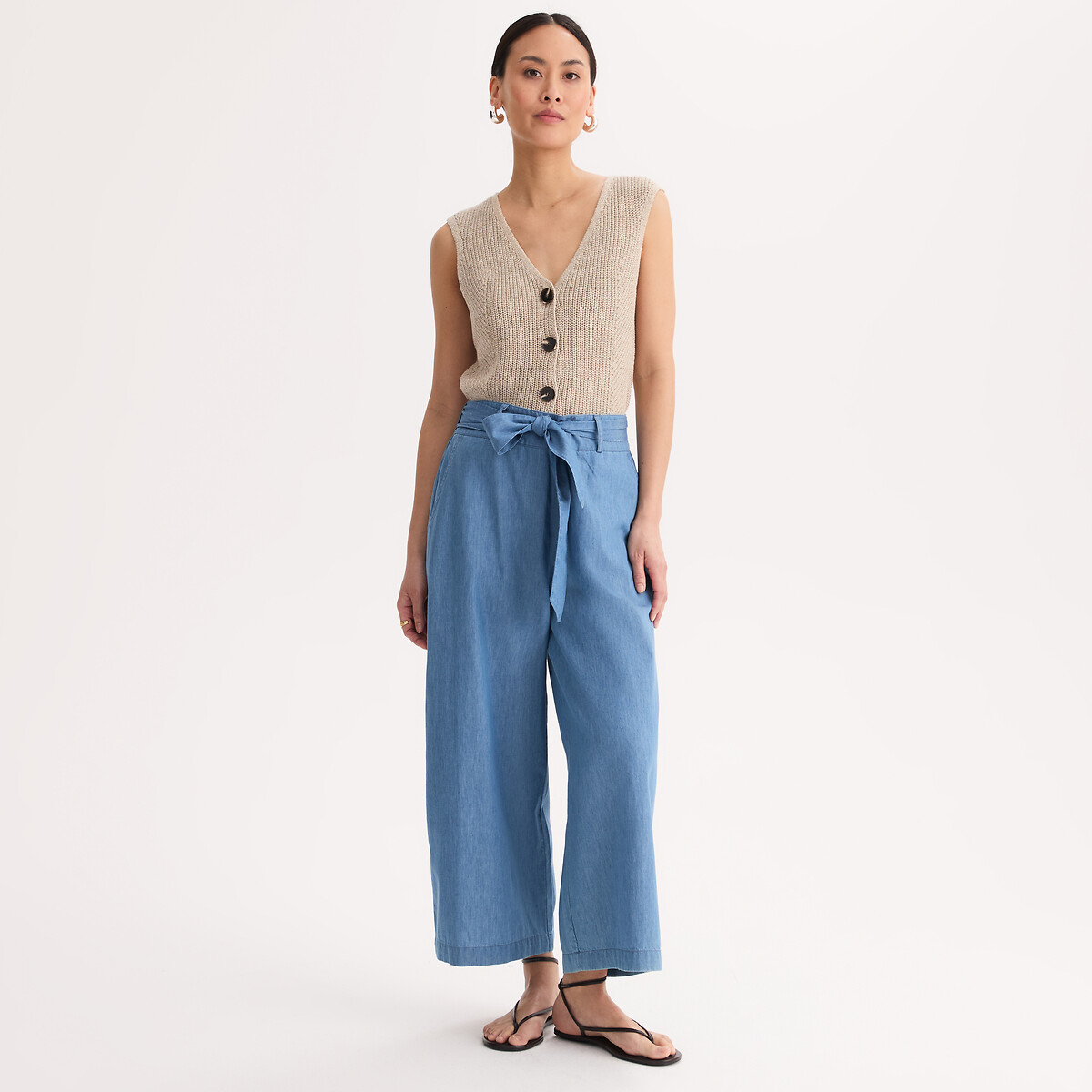 Jean large 7/8ème en denim light, ceinturé denim double stone, ANNE WEYBURN
