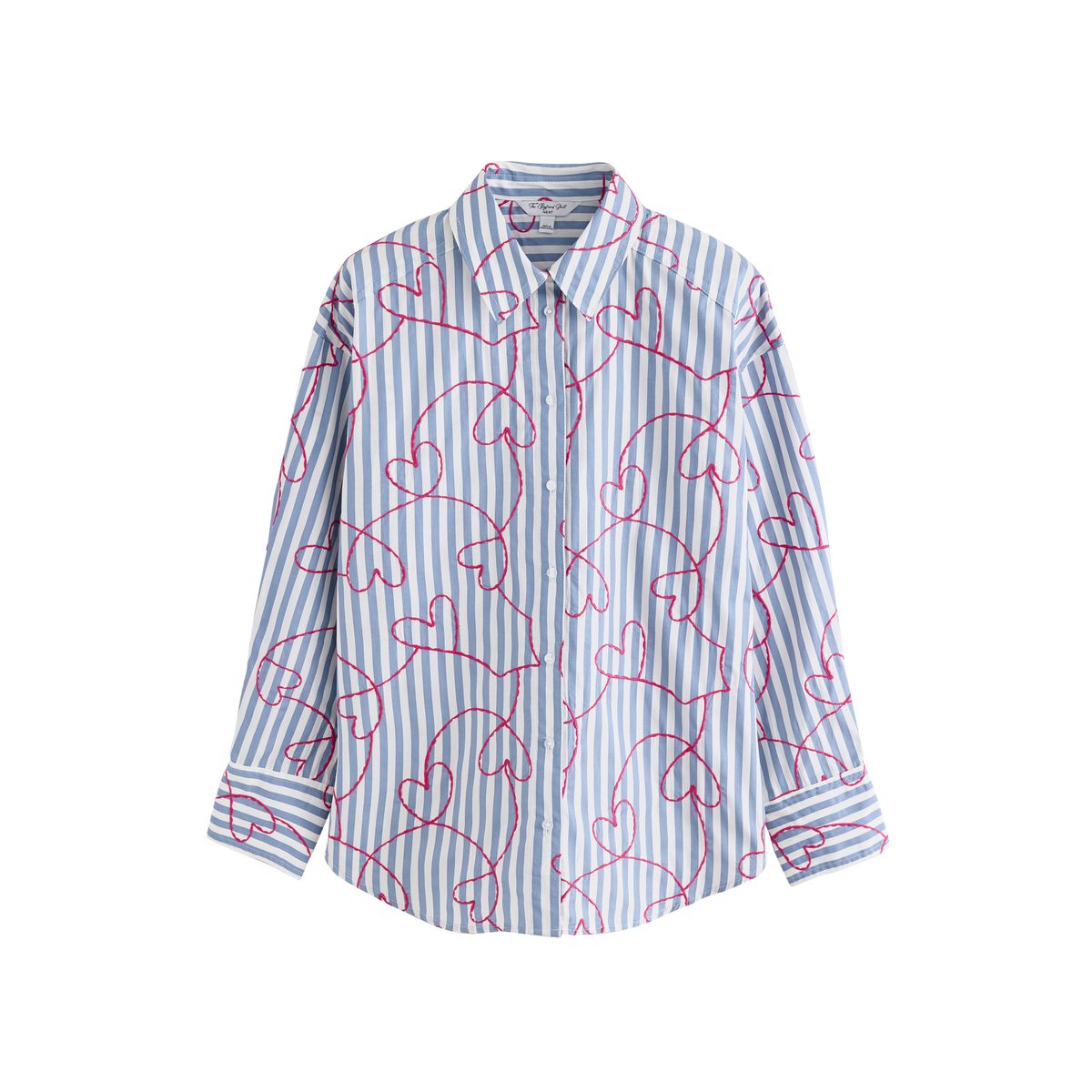 Chemise boyfriend oversize en popeline rayures bleues et blanches, cœur rose brodé, NEXT