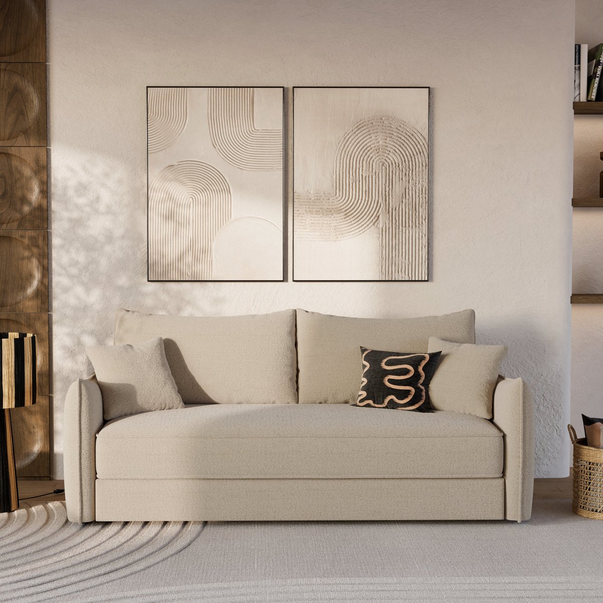 Canapé convertible 3 places en tissu effet - CÉLESTE beige, MAISON PAVANE
