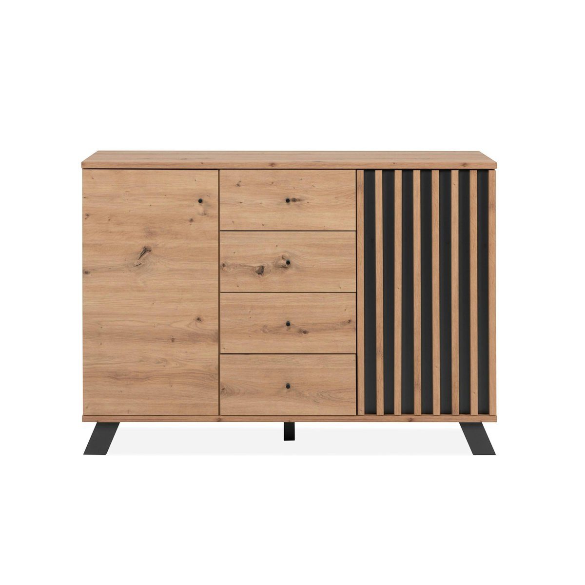 Buffet moderne 1 porte noire rainurée 4 tiroirs ALVA bois naturel, PIER IMPORT