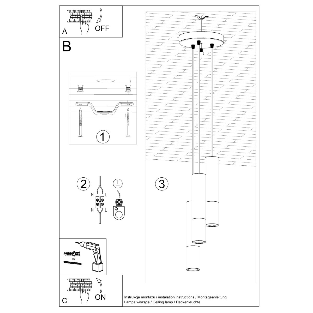 Suspension Acier Or/Noir GU10 3 Loopez jaune, EDEN