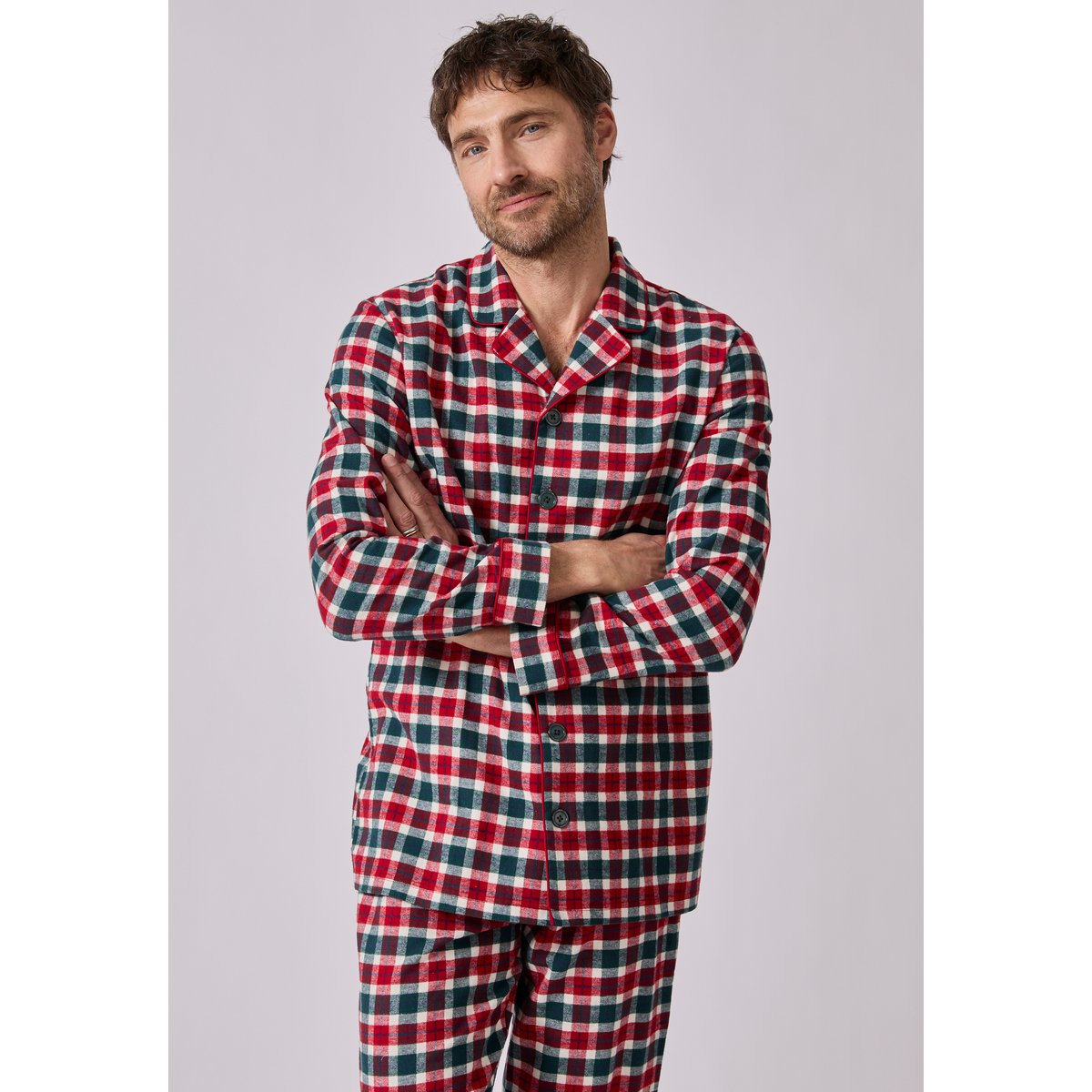 Pyjama en flanelle grattée pur coton multicolore rouge carreaux, DAMART