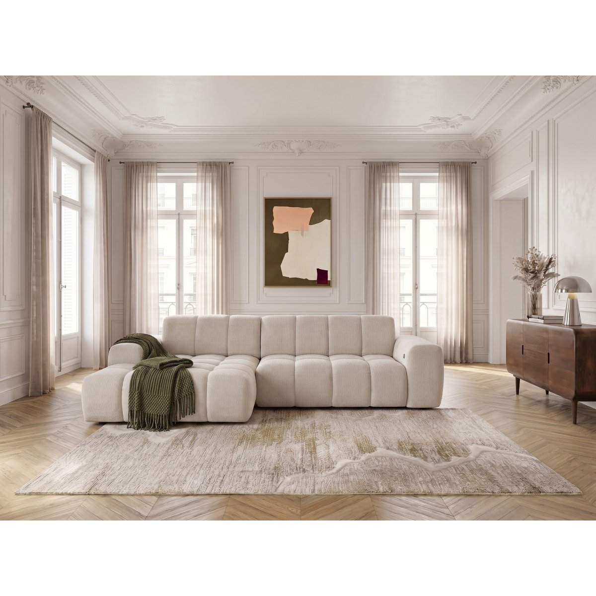 Canapé d'angle convertible 3 places en tissu chenille, THEO beige, BOBOCHIC