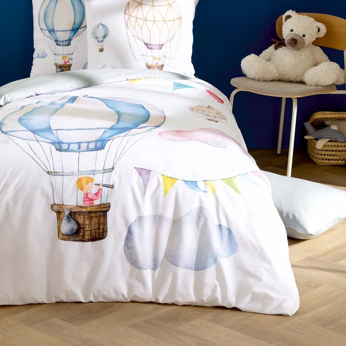 Housse de couette enfant percale de coton montgolfière bleu, TRADILINGE