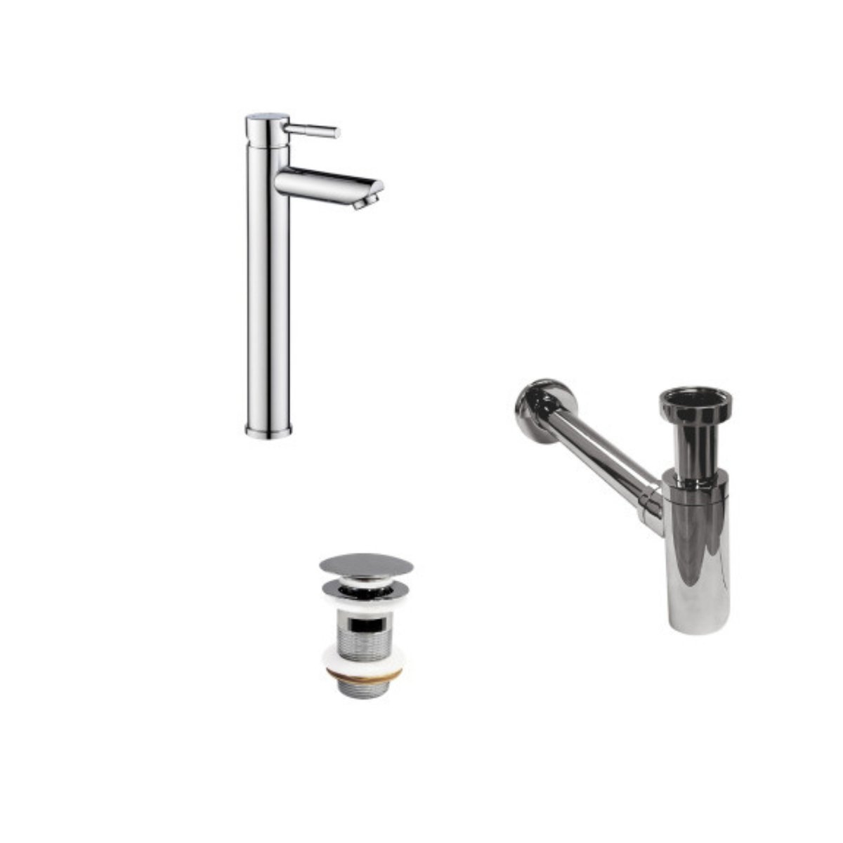 Robinet bec haut TAP + bonde CLINT + siphon SIMON chromé, MOB IN