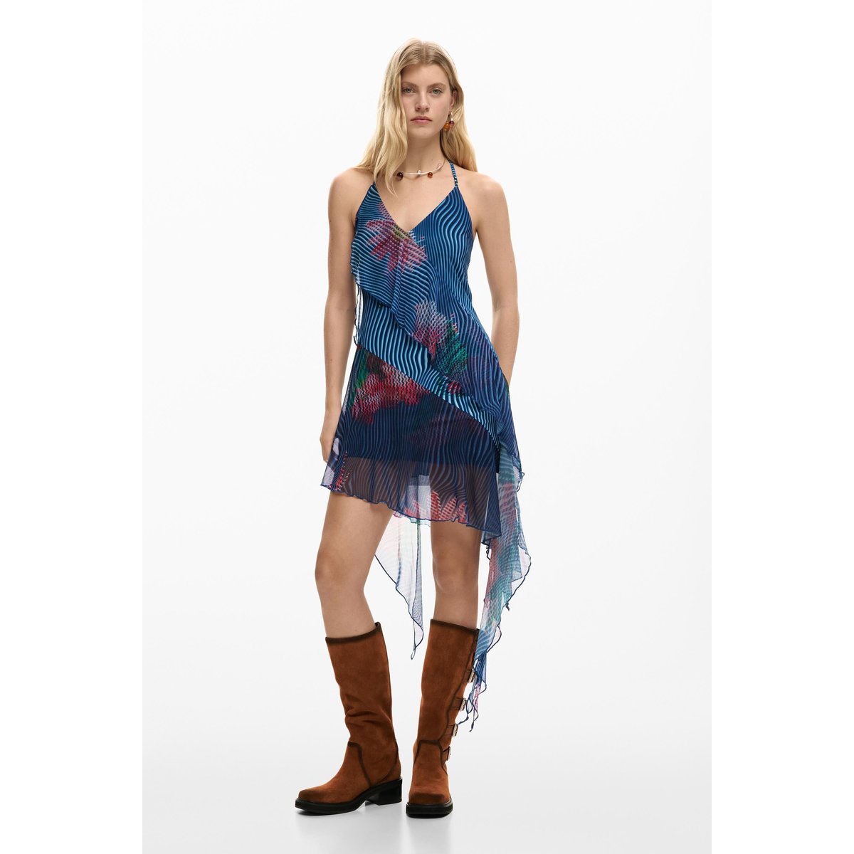 Robe à volants pixélisée bleu, DESIGUAL