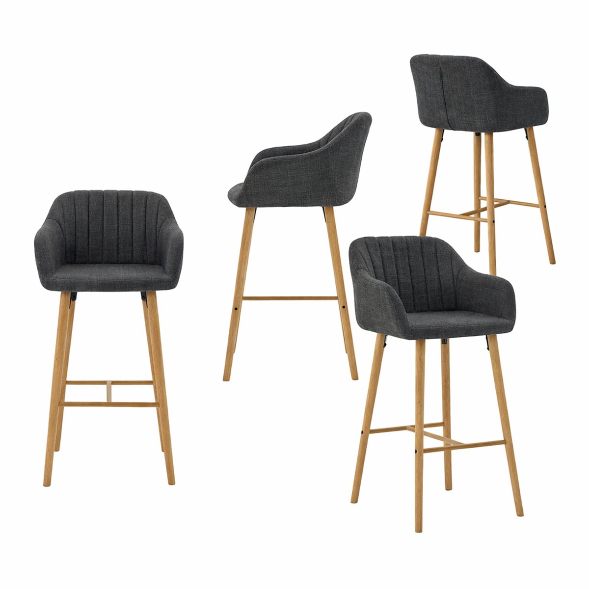 Lot de 4 chaises de bar scandinave en tissu lin H75cm, CARMENA noir, MEUBLES COSY