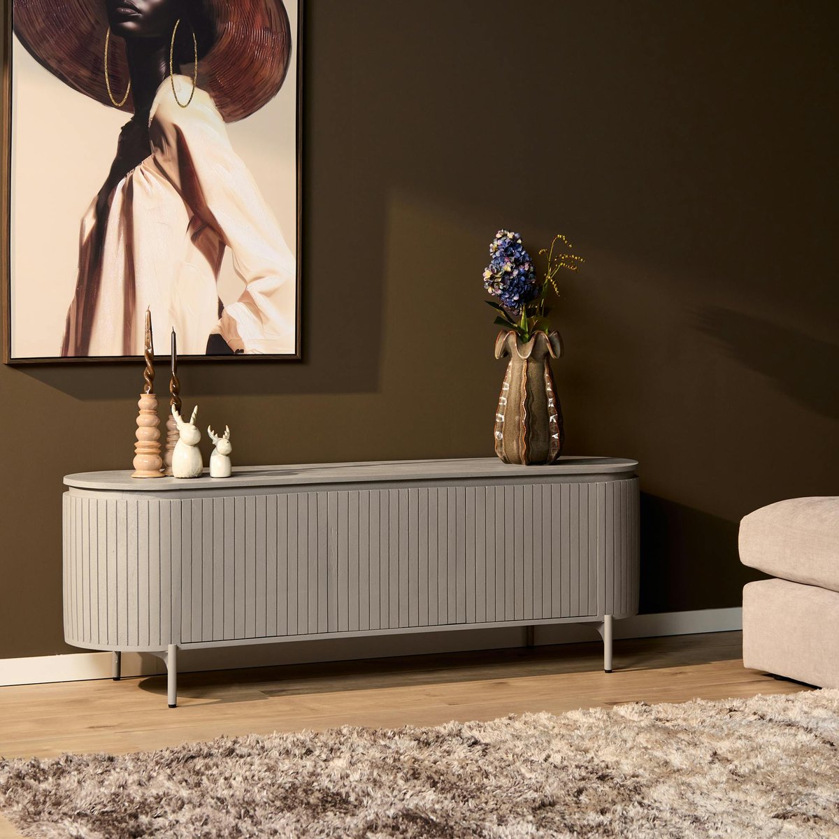 Meuble TV ovale en bois, 3 portes CALERO gris, PIER IMPORT
