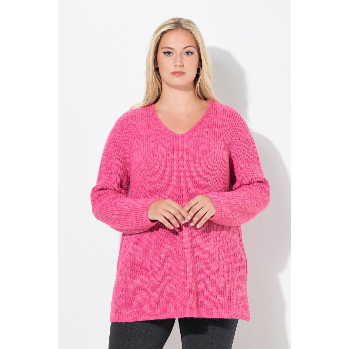 Pull col en V rose vif, ULLA POPKEN