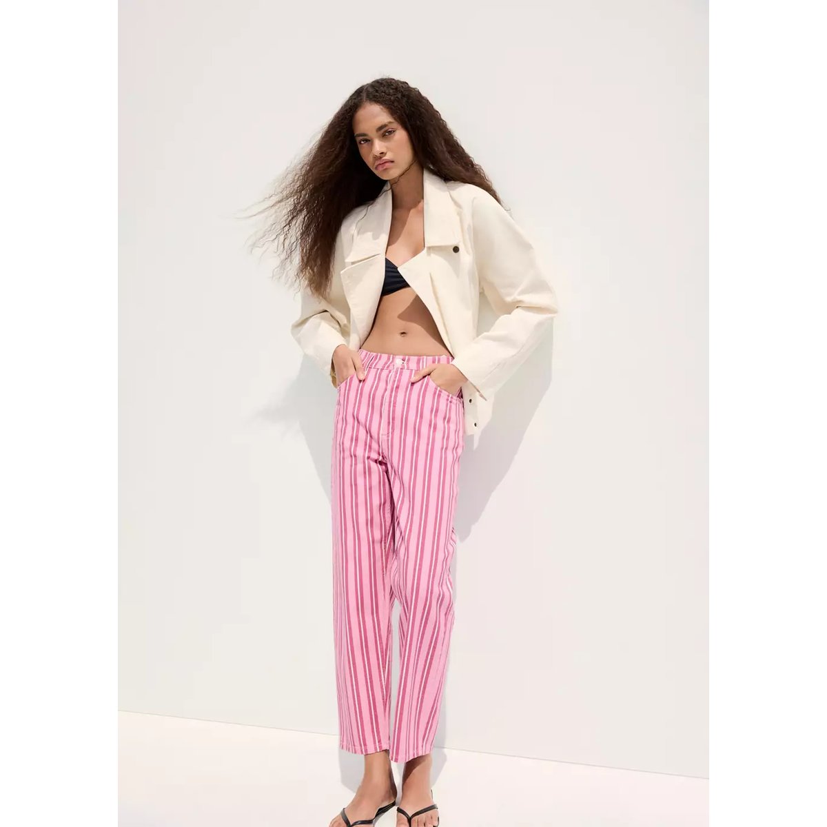 Jean straight-fit à rayures rose, MANGO