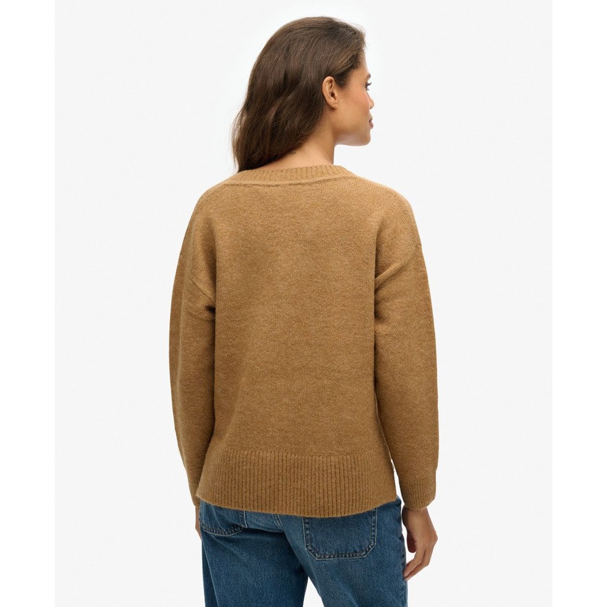 Pull oversize à col V beige peau chiné, SUPERDRY