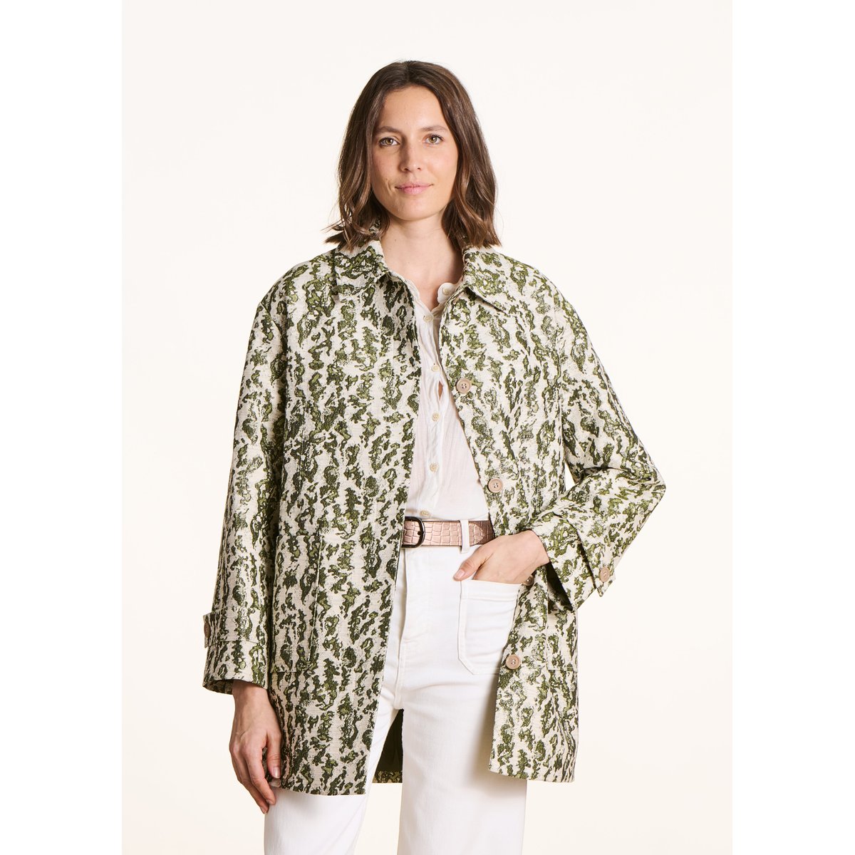 Manteau 3/4 en jacquard kaki, LA FEE MARABOUTEE