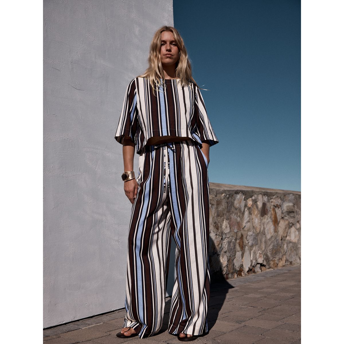 Pantalon large rayures marron chocolat/bleu, NEXT