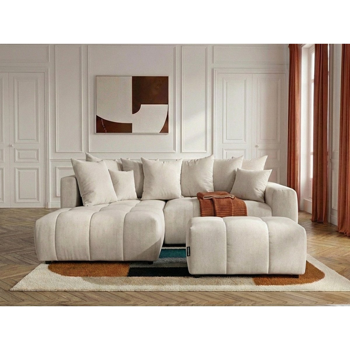 Canapé d'angle convertible 4 places en tissu chiné avec pouf, ROXELANE beige, BOBOCHIC