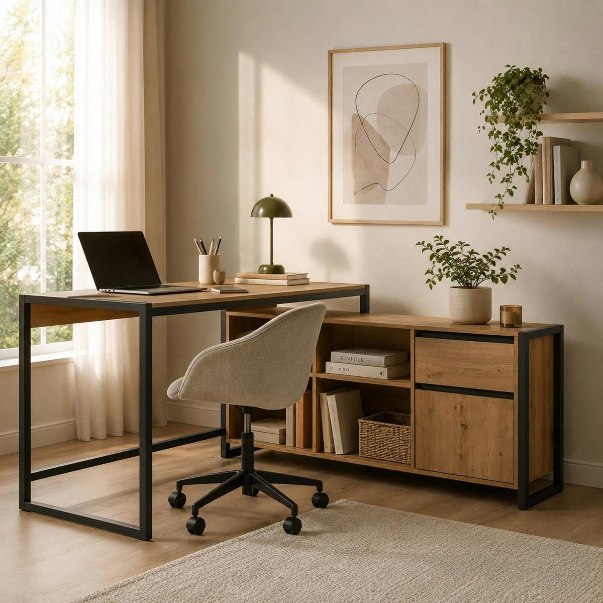 Bureau d'angle avec bloc rangement ALVA chêne, PIER IMPORT