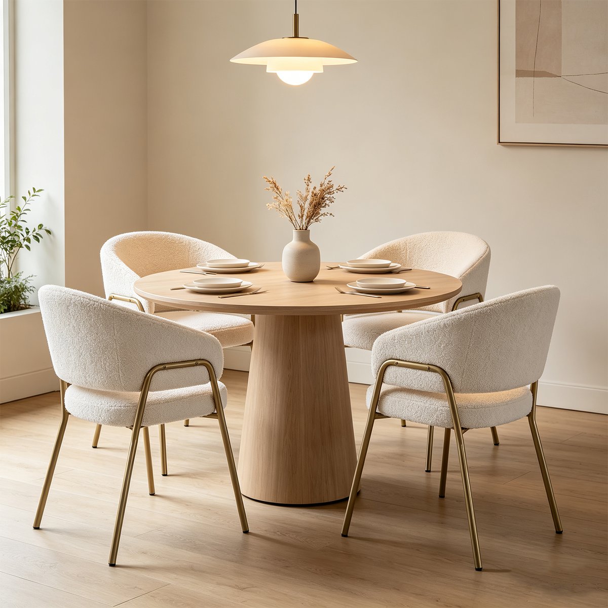 Lot de 4 fauteuils de salle à manger modernes en tissu bouclette, JERRIES blanc, MEUBLES COSY