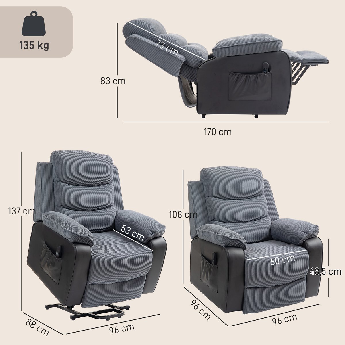 Fauteuil releveur multifonctionnel Velours gris foncé, HOMCOM