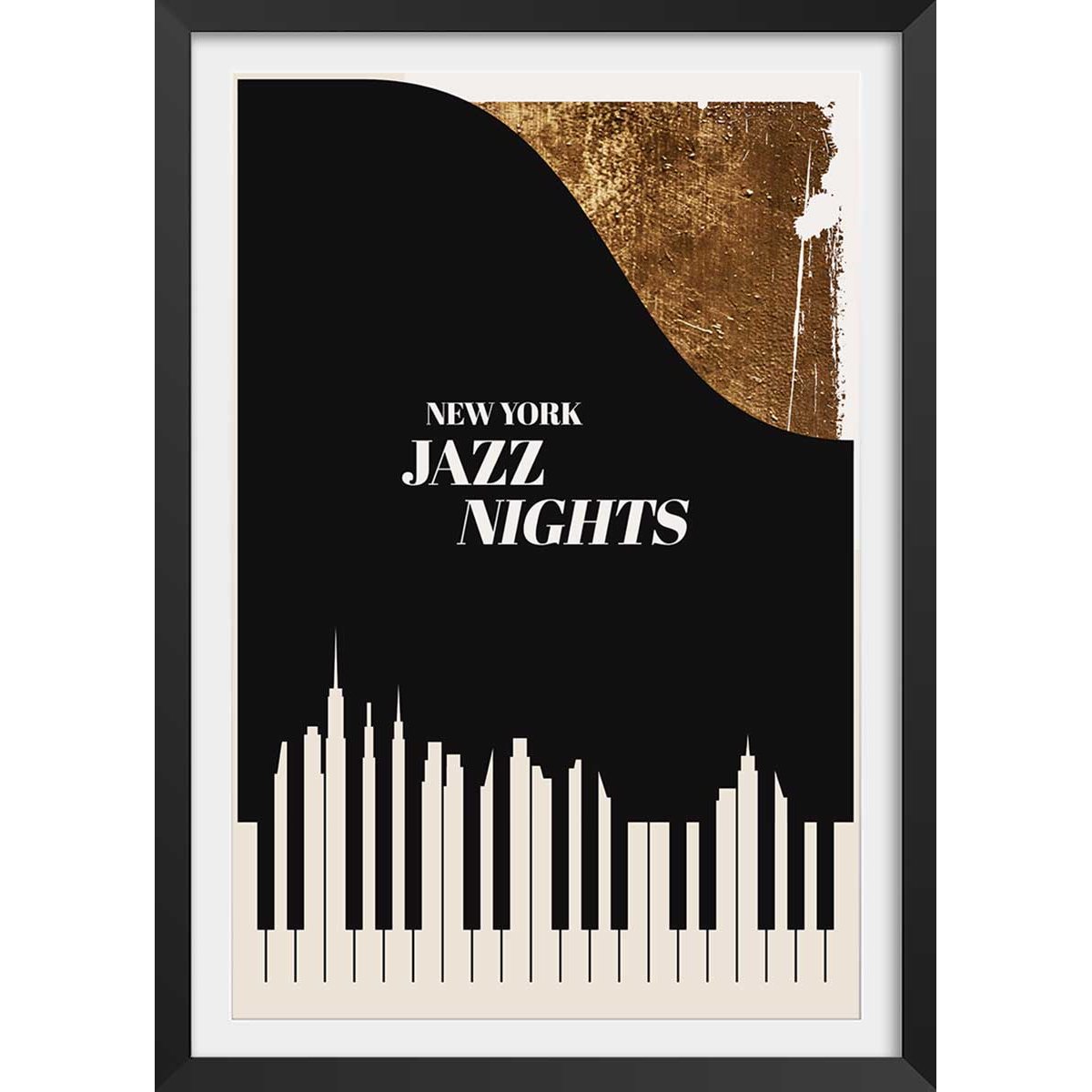 Poster new york jazz night affiche + cadre en bois - noir, HEXOA