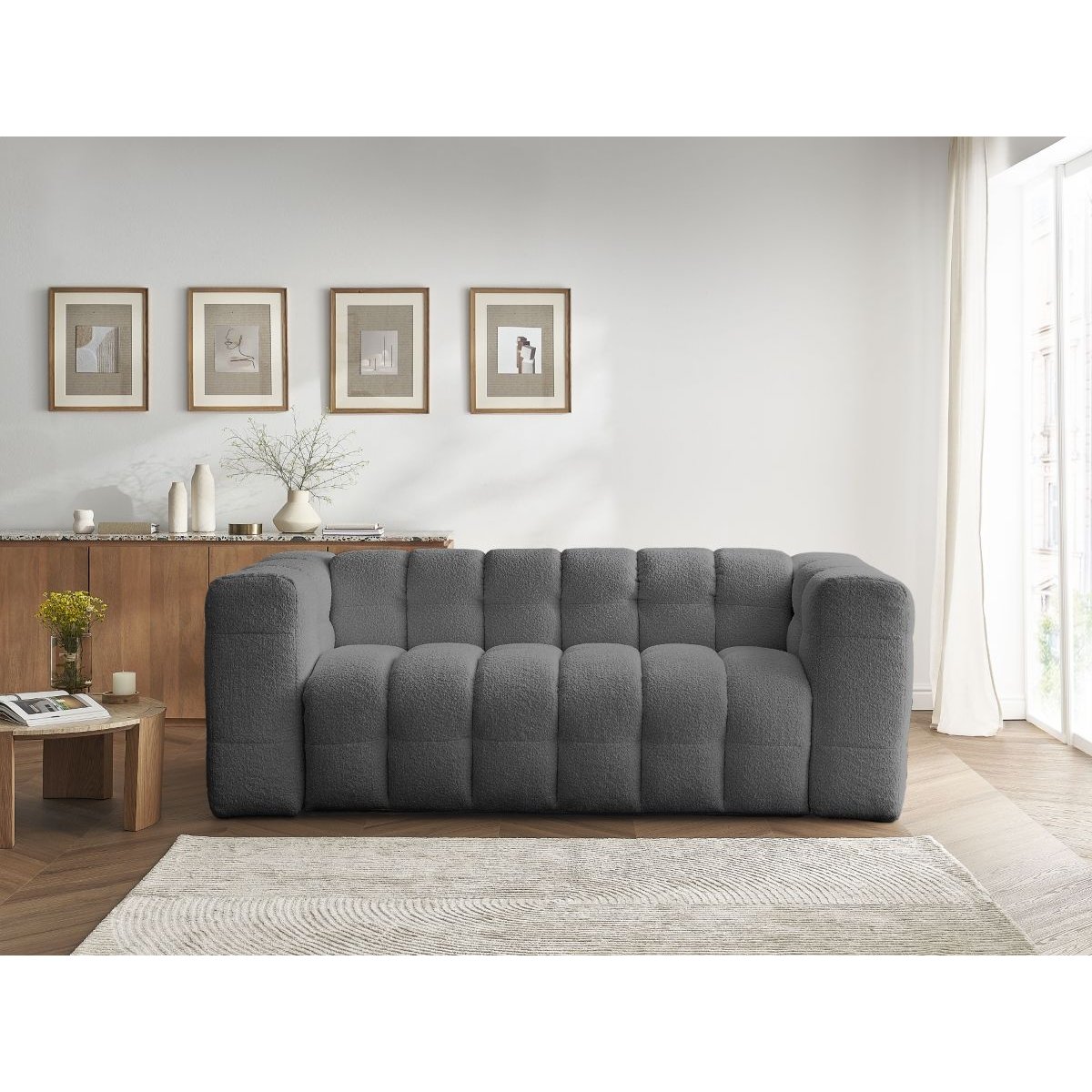 Canapé droit convertible 3 places en tissu bouclette, CLOUD gris foncé, BOBOCHIC