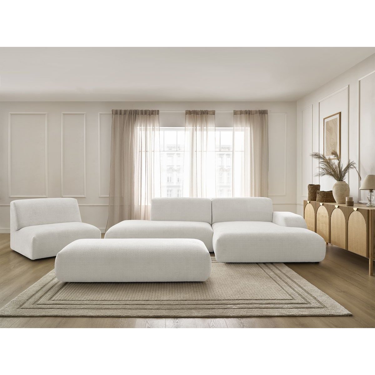 Canapé modulable 5 places en tissu texturé, SIRIUS blanc, BOBOCHIC